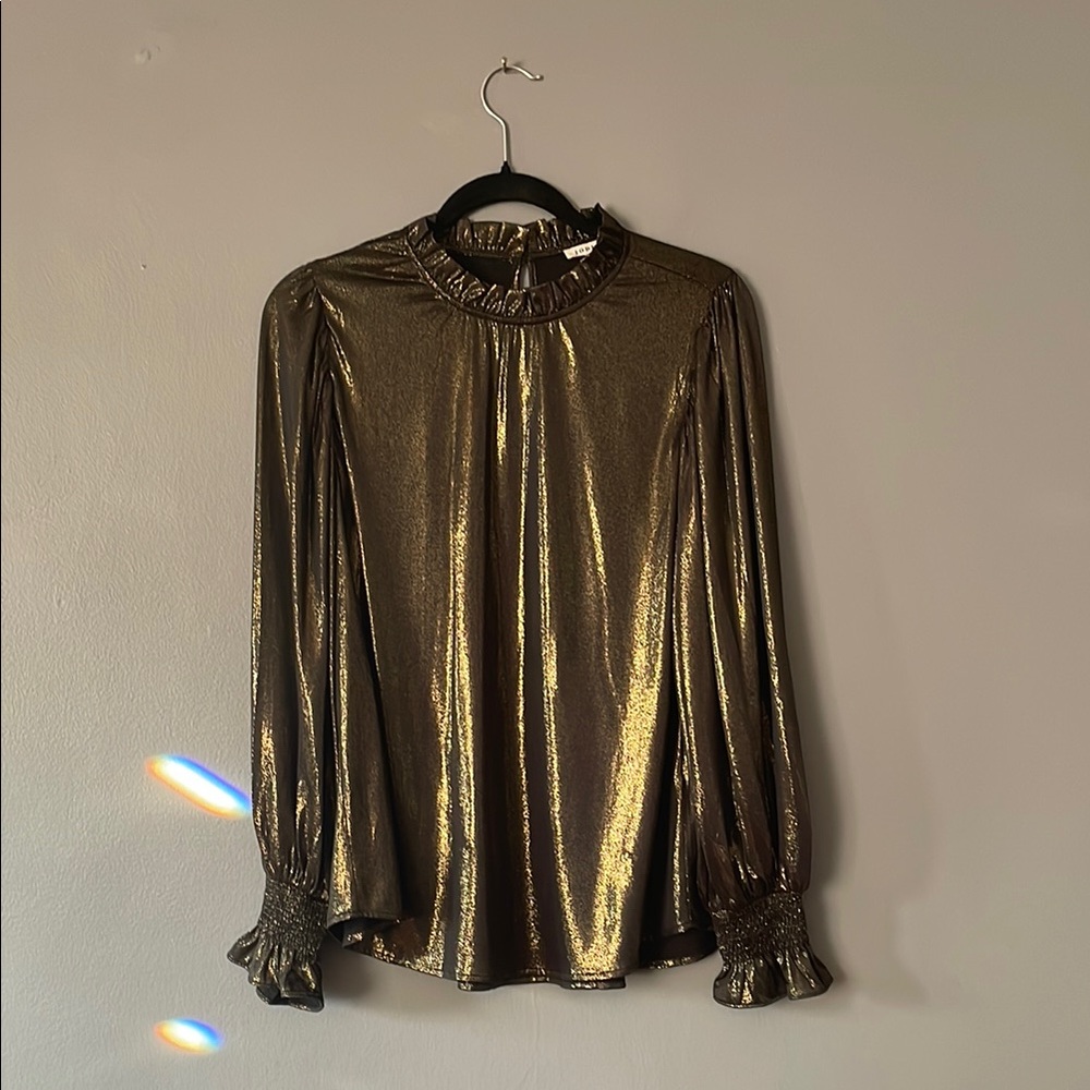JODIFL Gold Ruffled Long Sleeve Blouse with Mandarin Collar